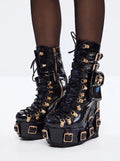 Women's Patent Leather Platform Boots - Gothic Punk Ankle Boots with Gold Buckles & Lace-Up Design | Y2K Alt-Fashion Statement Shoes - Styeenigma