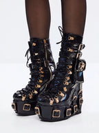 Women's Patent Leather Platform Boots - Gothic Punk Ankle Boots with Gold Buckles & Lace-Up Design | Y2K Alt-Fashion Statement Shoes - Styeenigma