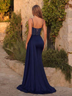 Women's Evening Gown - Sleeveless Sequin Bodice & Satin High Slit Maxi Dress for Party - Styeenigma