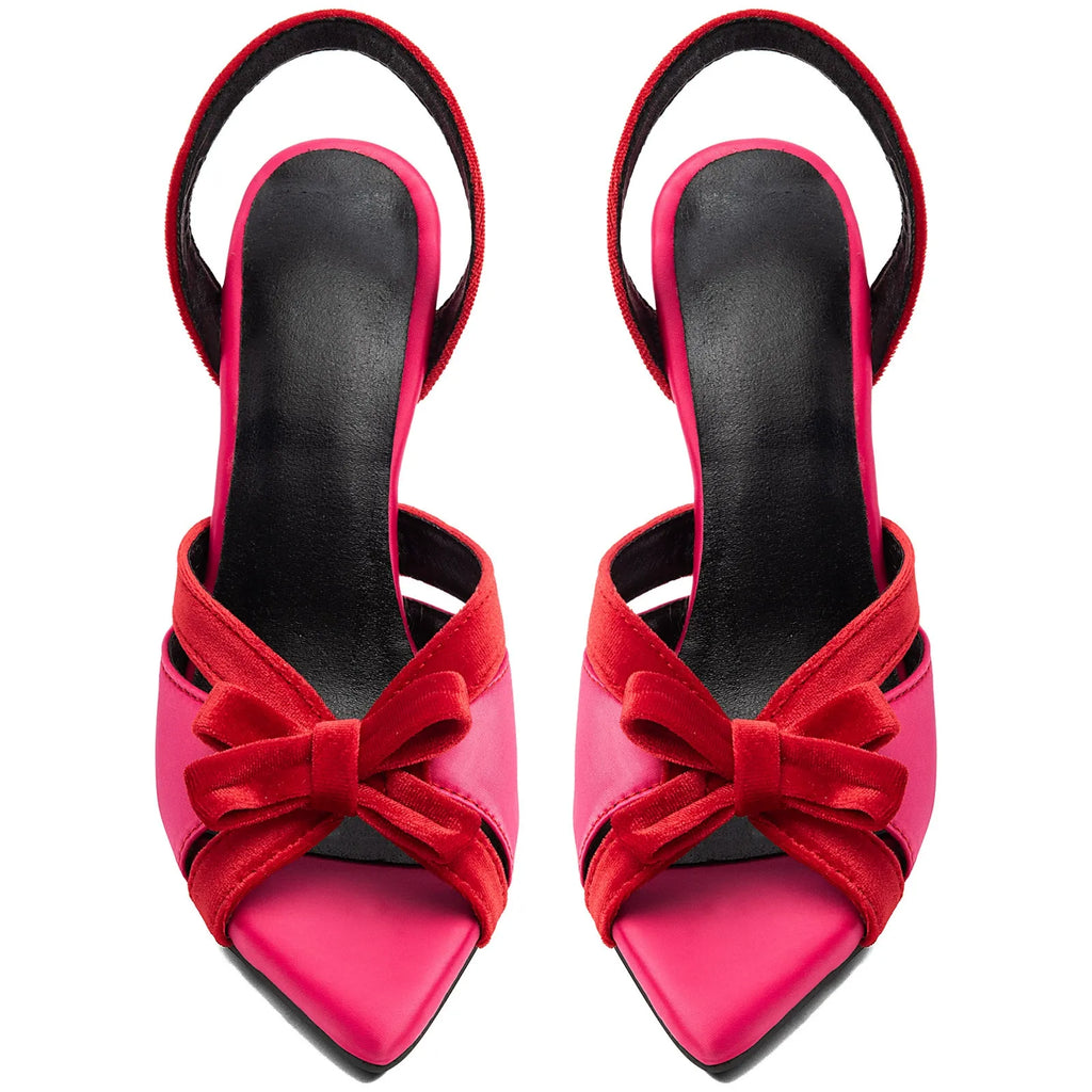 Women's Fuchsia Velvet Slingback Heels with Bow – Stiletto Sandals - Styeenigma