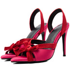 Women's Fuchsia Velvet Slingback Heels with Bow – Stiletto Sandals - Styeenigma
