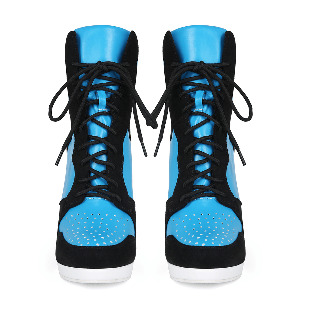 Women's High Top Platform Heel Ankle Boots - Y2K Contrast Lace Up Sneaker Boots with Hidden Wedge - Styeenigma