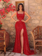 Women's Red Sequin Evening Gown Square Neck Mermaid Prom Dress with High Slit - Styeenigma