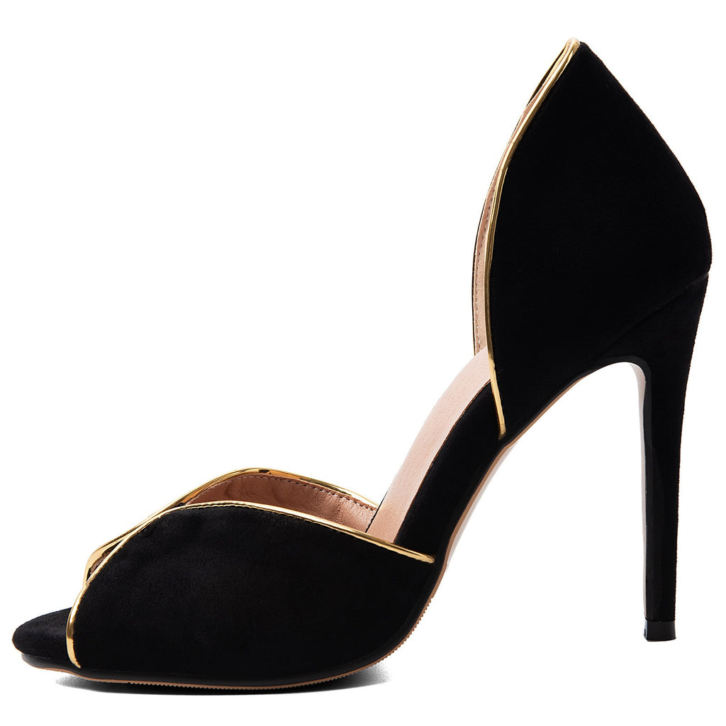Women's Black Suede Peep Toe Stiletto Heels Gold Trim D'Orsay Pumps - Styeenigma