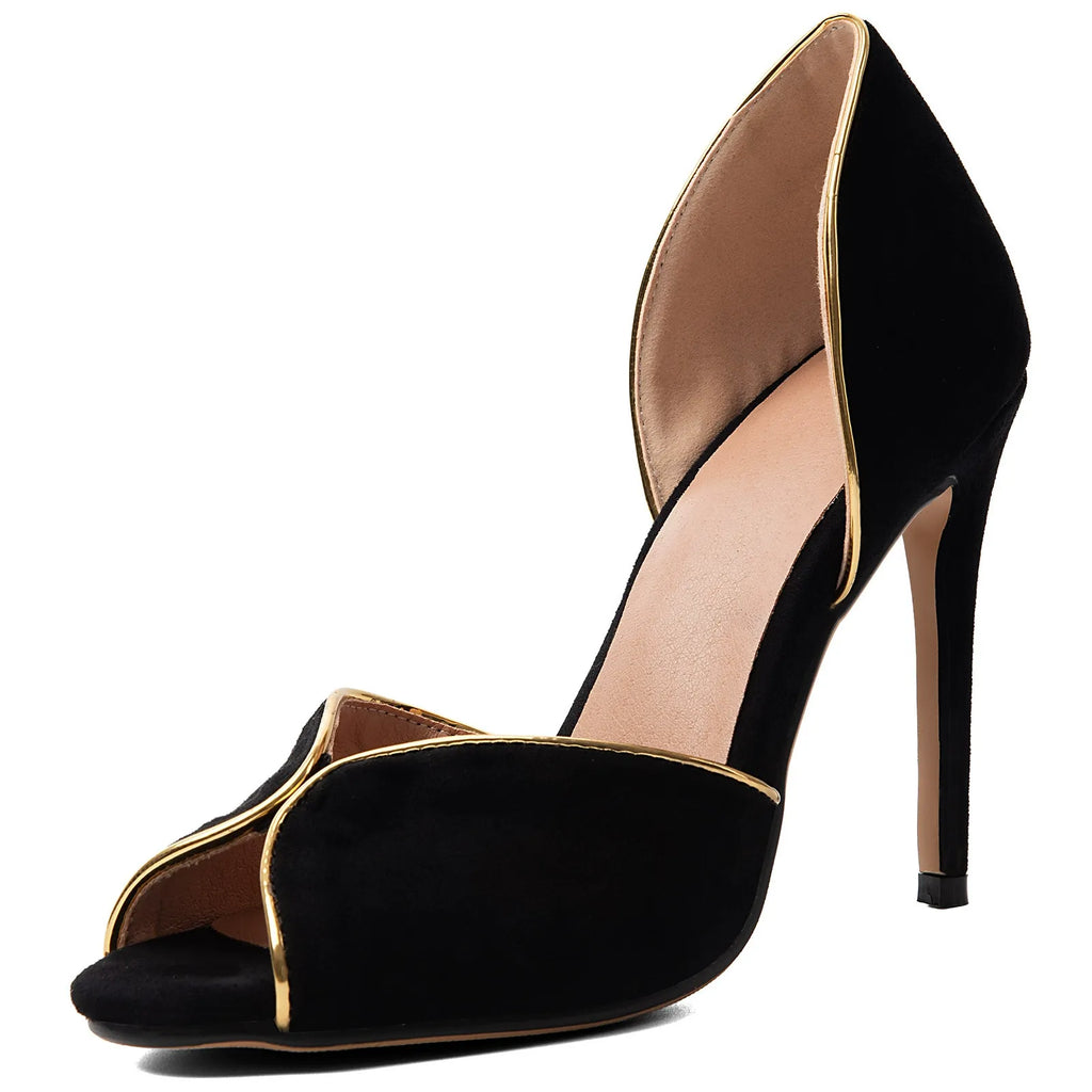 Women's Black Suede Peep Toe Stiletto Heels Gold Trim D'Orsay Pumps - Styeenigma