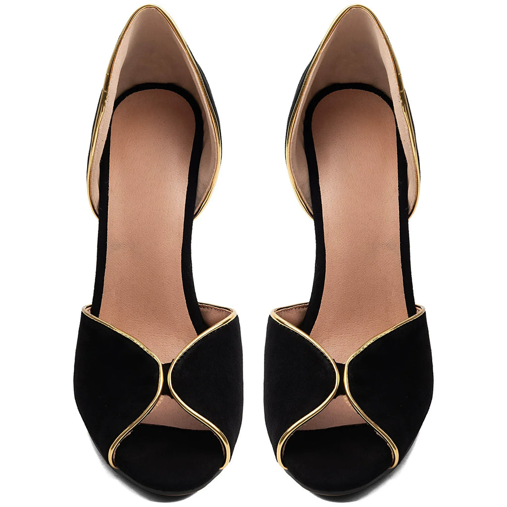Women's Black Suede Peep Toe Stiletto Heels Gold Trim D'Orsay Pumps - Styeenigma