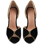 Women's Black Suede Peep Toe Stiletto Heels Gold Trim D'Orsay Pumps - Styeenigma