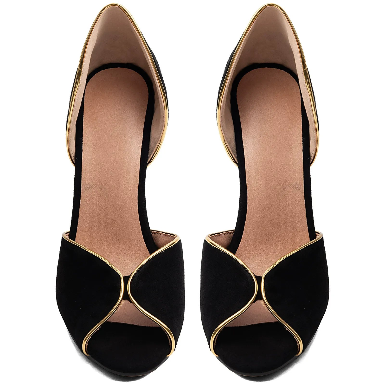 Women's Black Suede Peep Toe Stiletto Heels Gold Trim D'Orsay Pumps - Styeenigma