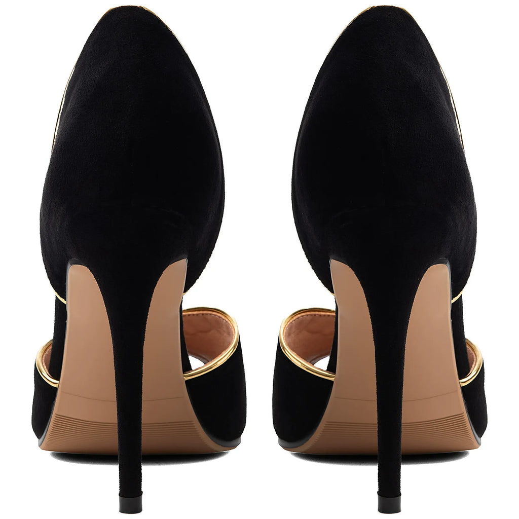 Women's Black Suede Peep Toe Stiletto Heels Gold Trim D'Orsay Pumps - Styeenigma
