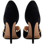Women's Black Suede Peep Toe Stiletto Heels Gold Trim D'Orsay Pumps - Styeenigma