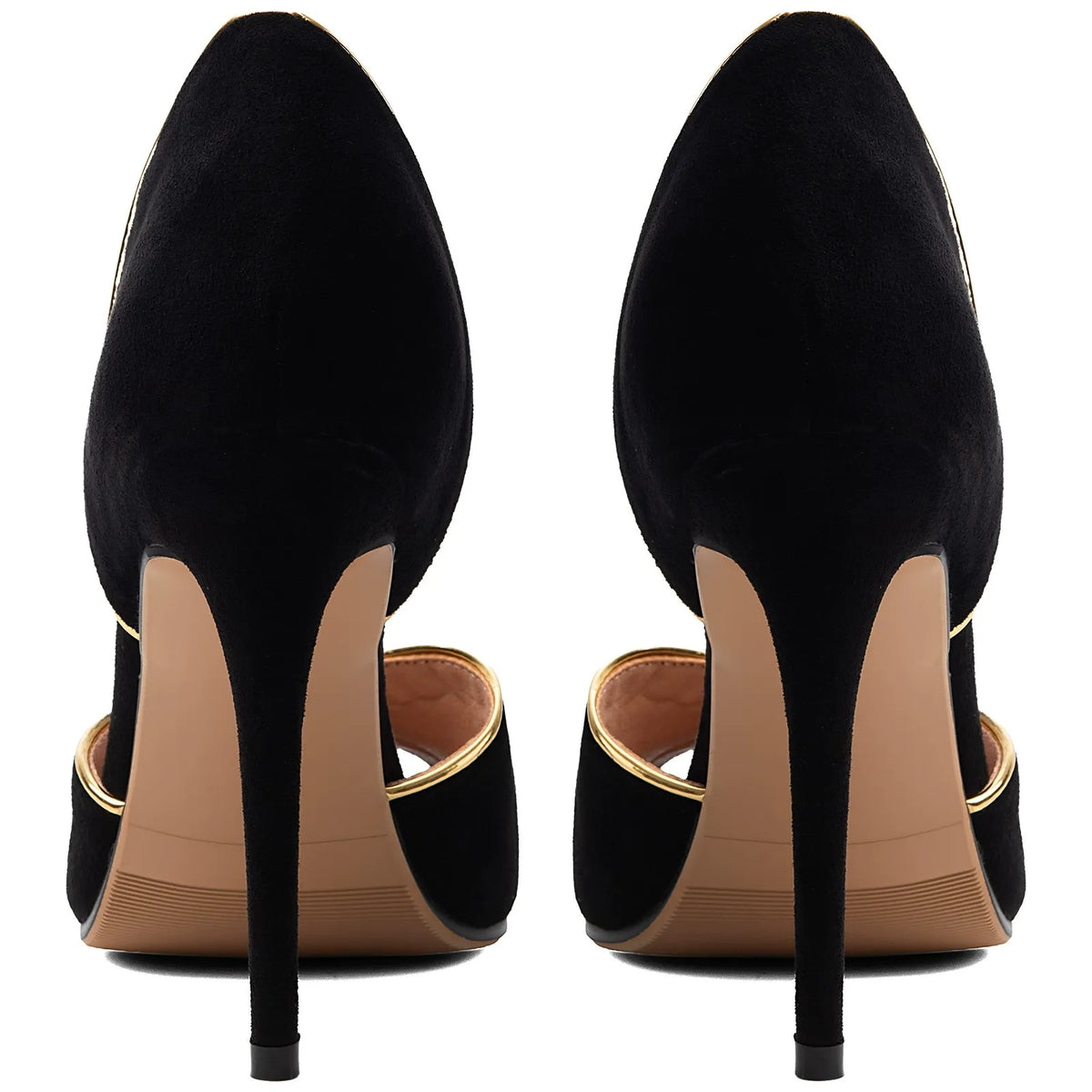 Women's Black Suede Peep Toe Stiletto Heels Gold Trim D'Orsay Pumps - Styeenigma