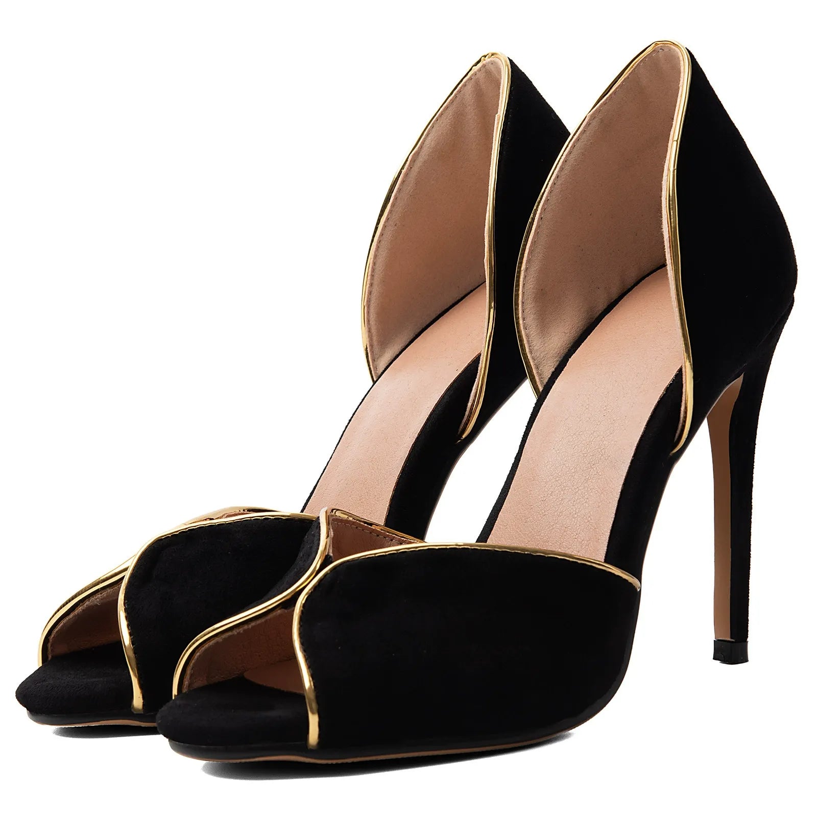 Women's Black Suede Peep Toe Stiletto Heels Gold Trim D'Orsay Pumps - Styeenigma