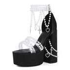 Y2K Punk Pearl Embellished Platform Heels - Gothic Cross Clear Strap Chunky High Heels - Styeenigma