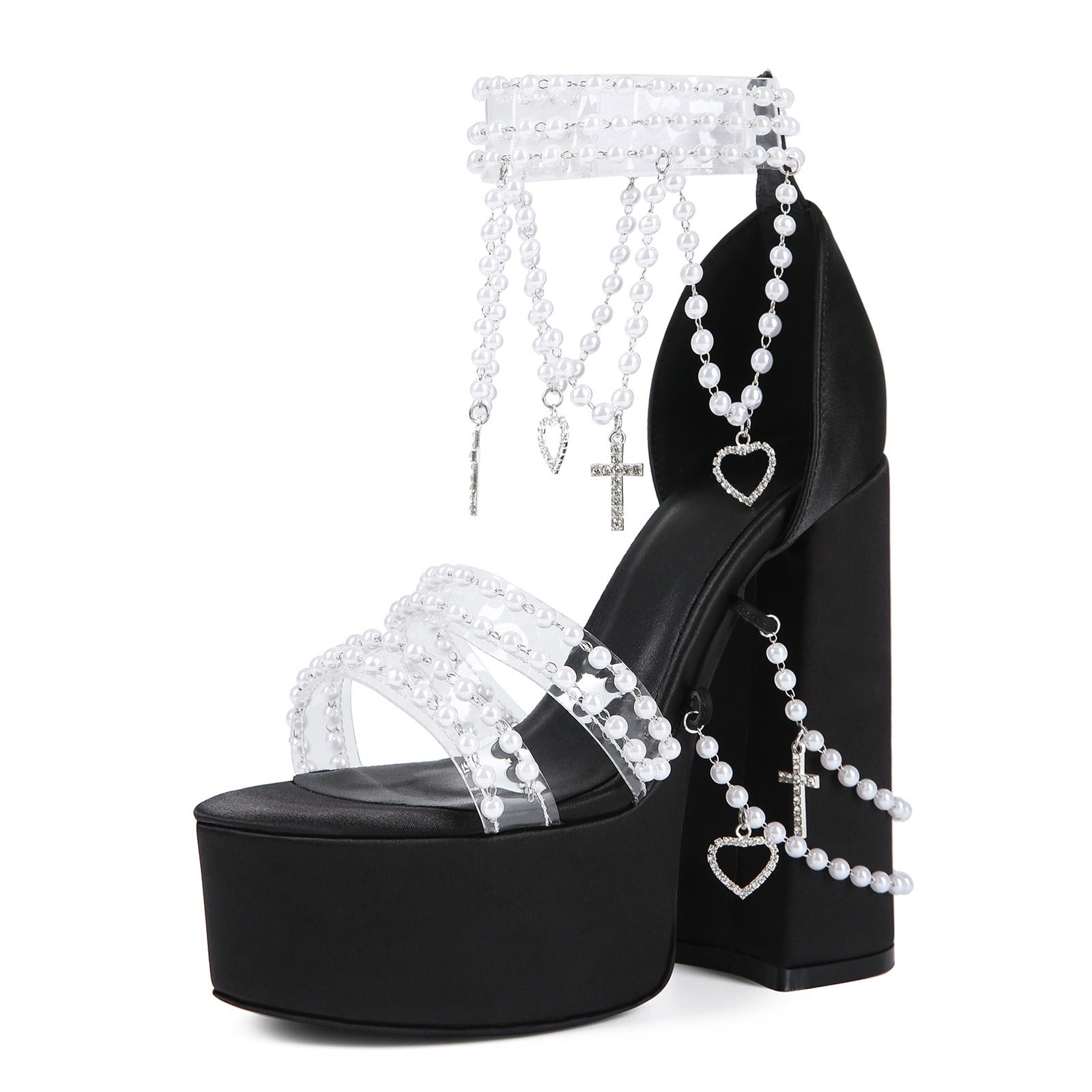 Y2K Punk Pearl Embellished Platform Heels - Gothic Cross Clear Strap Chunky High Heels - Styeenigma