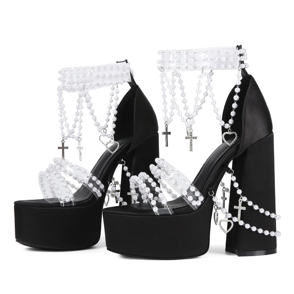 Y2K Punk Pearl Embellished Platform Heels - Gothic Cross Clear Strap Chunky High Heels - Styeenigma