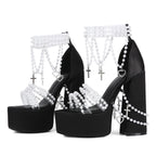 Y2K Punk Pearl Embellished Platform Heels - Gothic Cross Clear Strap Chunky High Heels - Styeenigma