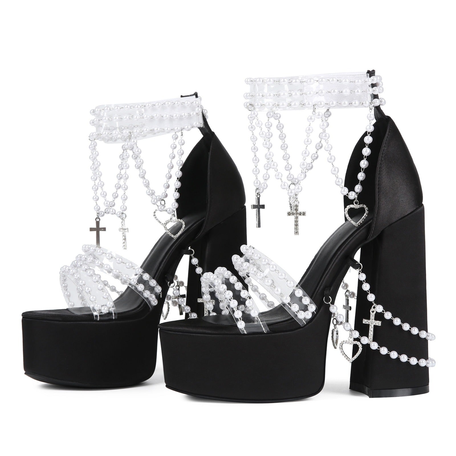 Y2K Punk Pearl Embellished Platform Heels - Gothic Cross Clear Strap Chunky High Heels - Styeenigma