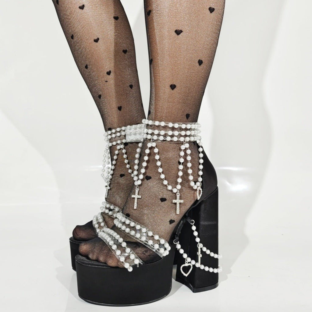 Y2K Punk Pearl Embellished Platform Heels - Gothic Cross Clear Strap Chunky High Heels - Styeenigma