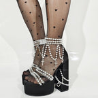 Y2K Punk Pearl Embellished Platform Heels - Gothic Cross Clear Strap Chunky High Heels - Styeenigma