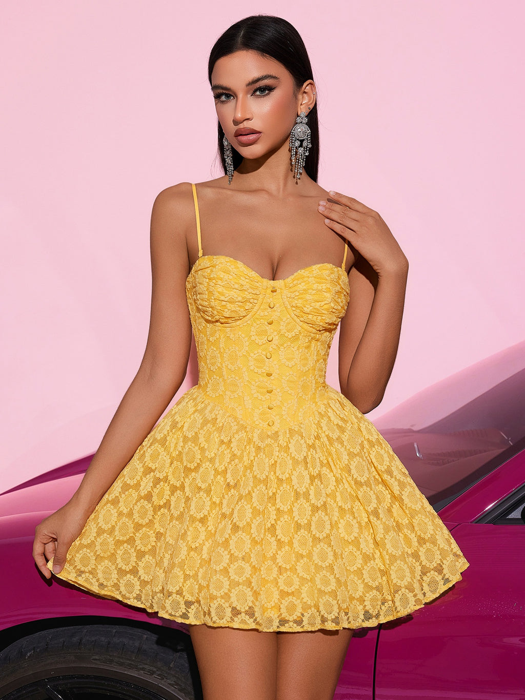 Yellow Lace Spaghetti Strap Mini Dress - Sexy Party Dress for Women, Summer Evening Wear