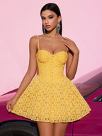 Yellow Lace Spaghetti Strap Mini Dress - Sexy Party Dress for Women, Summer Evening Wear