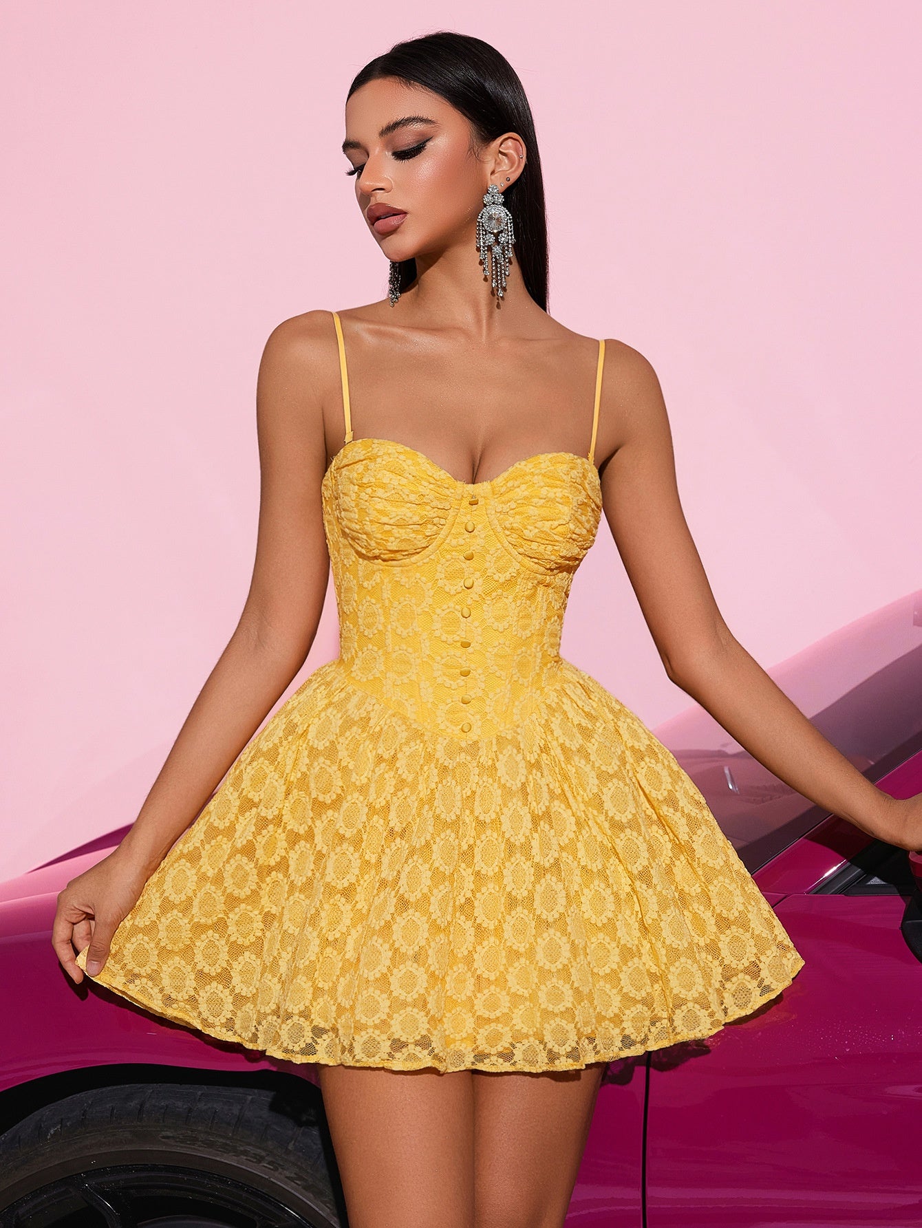 Yellow Lace Spaghetti Strap Mini Dress - Sexy Party Dress for Women, Summer Evening Wear