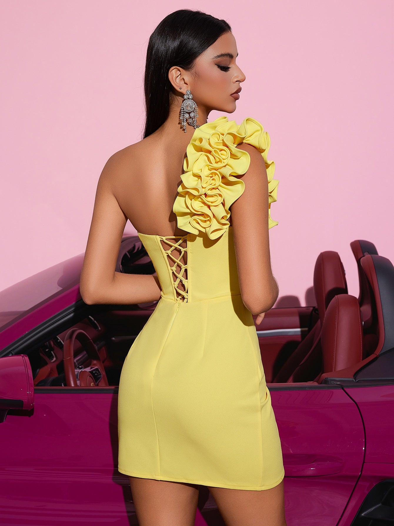 Yellow One Shoulder Body-con Mini Dress with Ruffle Flower, Sexy Party Club-wear for Women