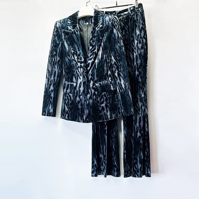 Leopard Print Blazer and Pants Set | Velvet Printed Two Piece Suit | Flared Trousers Matching Set - Styeenigma