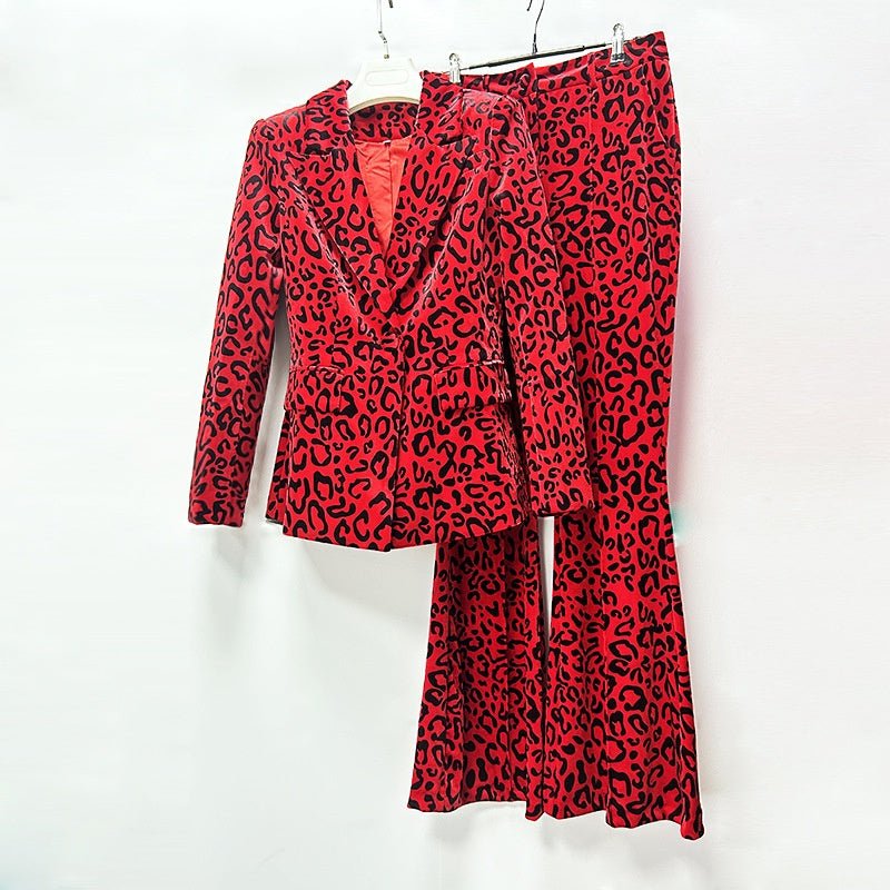 Leopard Print Blazer and Pants Set | Velvet Printed Two Piece Suit | Flared Trousers Matching Set - Styeenigma