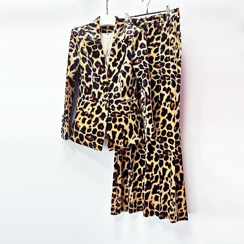 Leopard Print Blazer and Pants Set | Velvet Printed Two Piece Suit | Flared Trousers Matching Set - Styeenigma