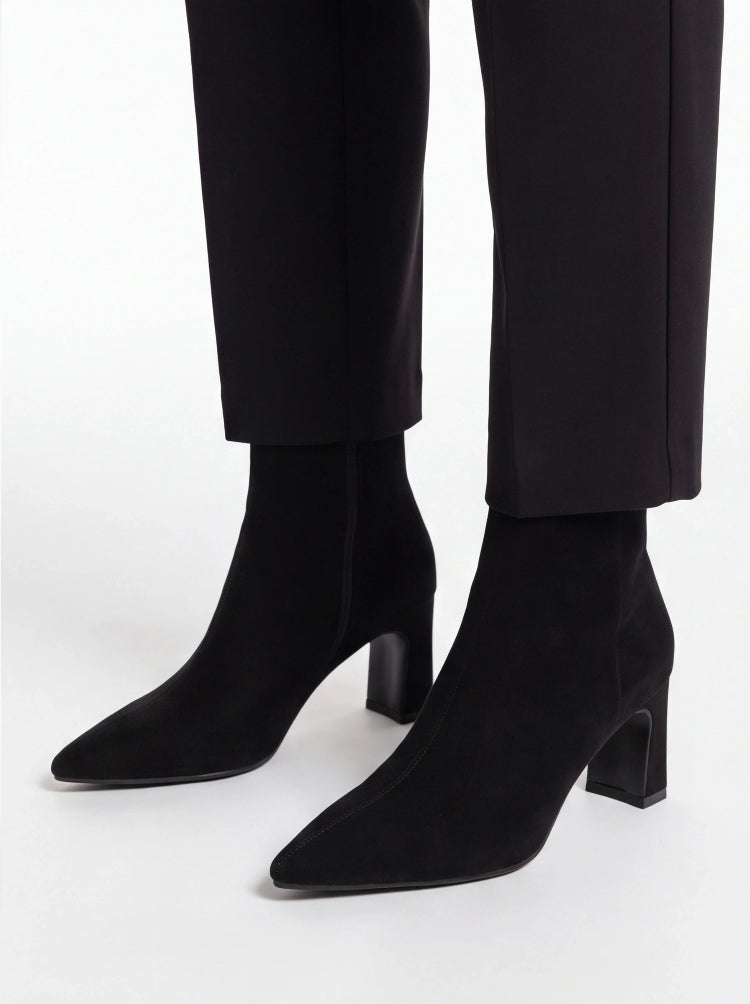 women's suede pointed toe ankle boots with chunky block heels