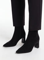 women's suede pointed toe ankle boots with chunky block heels