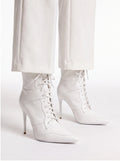 White Lace Up Stiletto Heel Boots - Pointed Toe Punk Ankle Boots for Women - Styeenigma