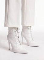 White Lace Up Stiletto Heel Boots - Pointed Toe Punk Ankle Boots for Women - Styeenigma
