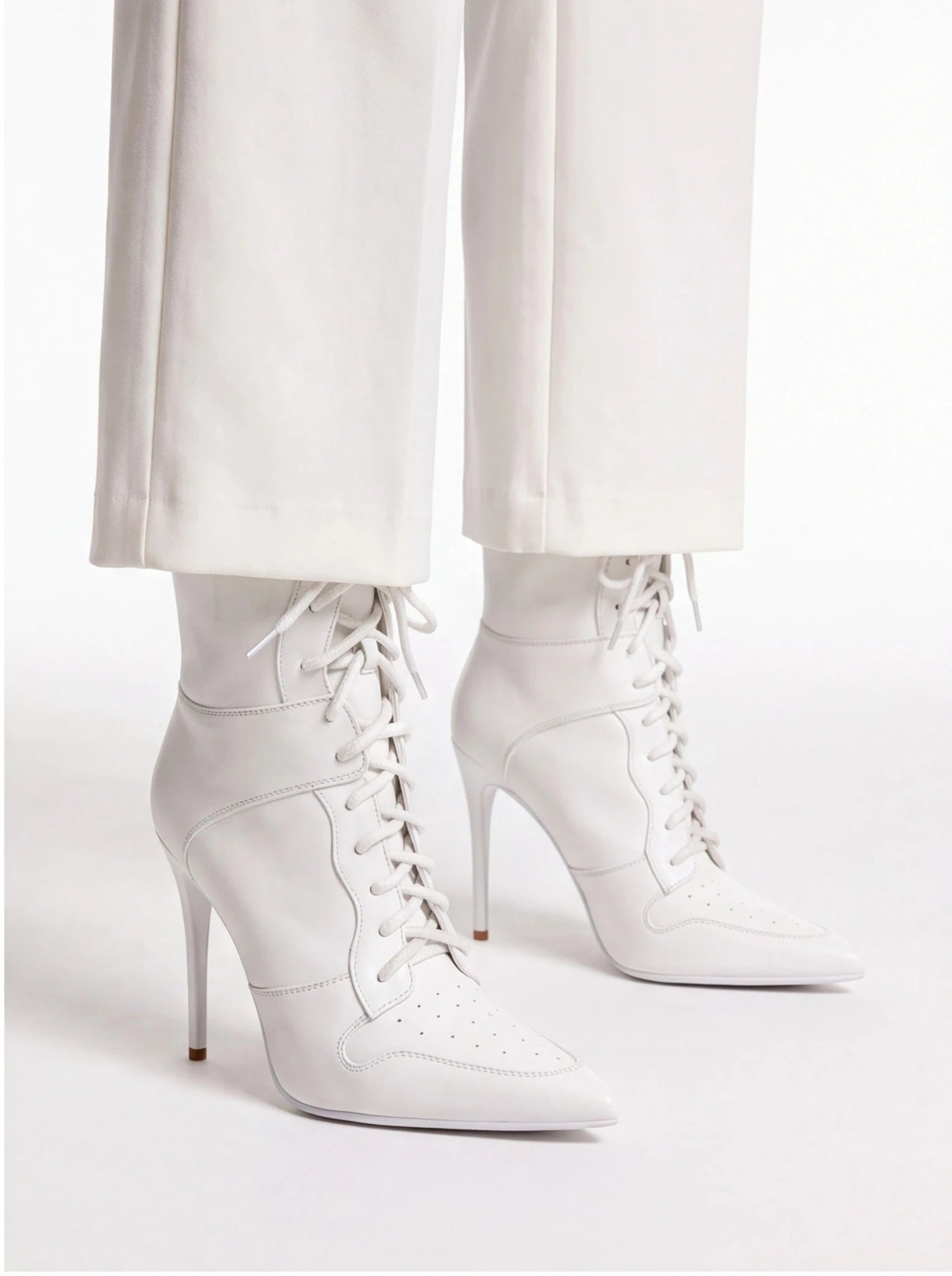 White Lace Up Stiletto Heel Boots - Pointed Toe Punk Ankle Boots for Women - Styeenigma