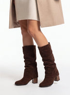 Women's Suede Slouchy Knee High Boots Chunky Block Heel Pull-On Boots - Styeenigma