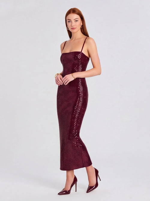 Burgundy Sequin Spaghetti Strap Bodycon Midi Dress - Styeenigma