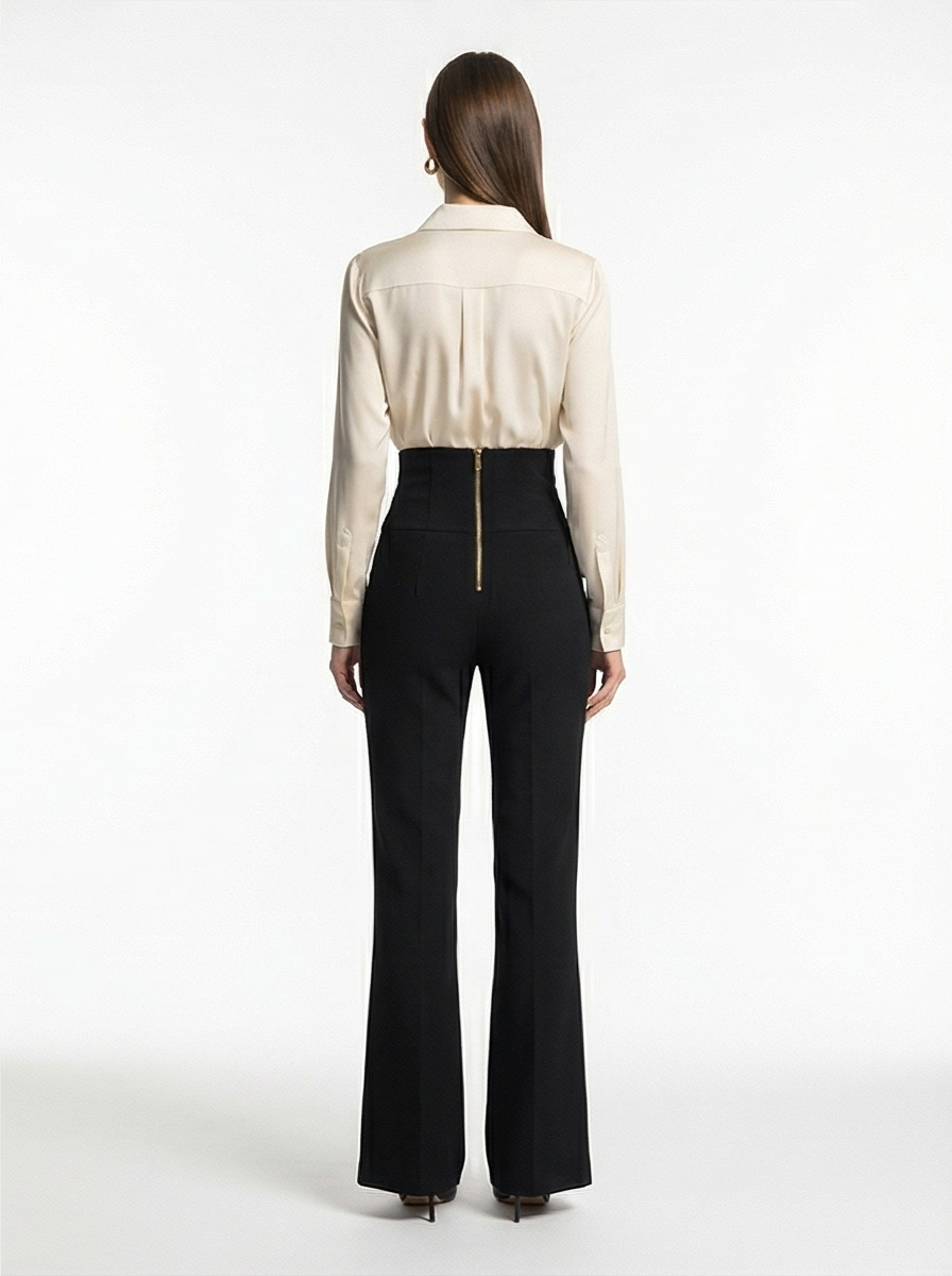 Black High-Waist Flared Trousers – Elegant Pants with Gold Buttons