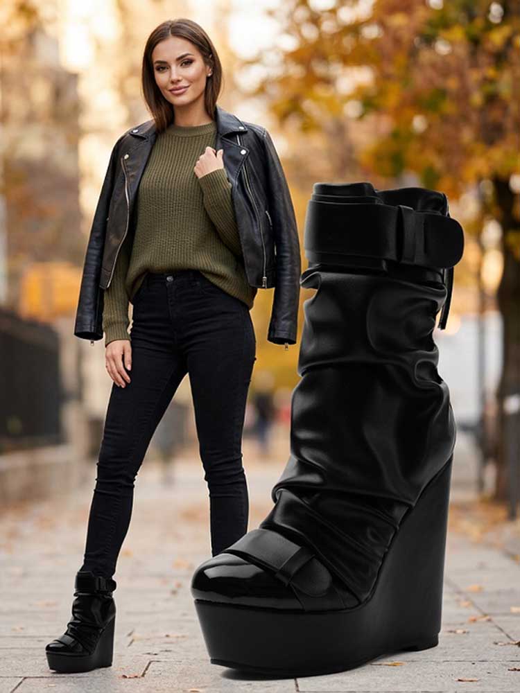 Black Faux Leather Ruched Wedge Platform Ankle Boots with Buckle Strap - Styeenigma