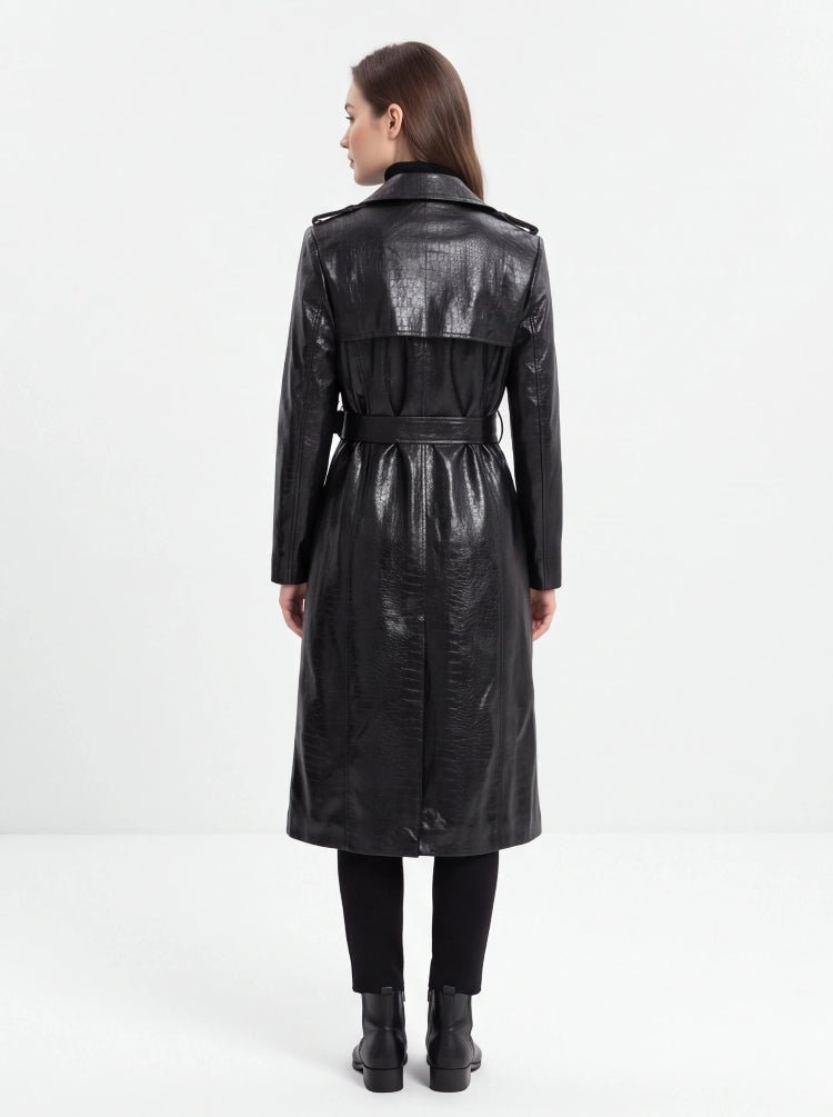 Black PU Leather Trench Coat Women's Double Breasted Belted Long Coat