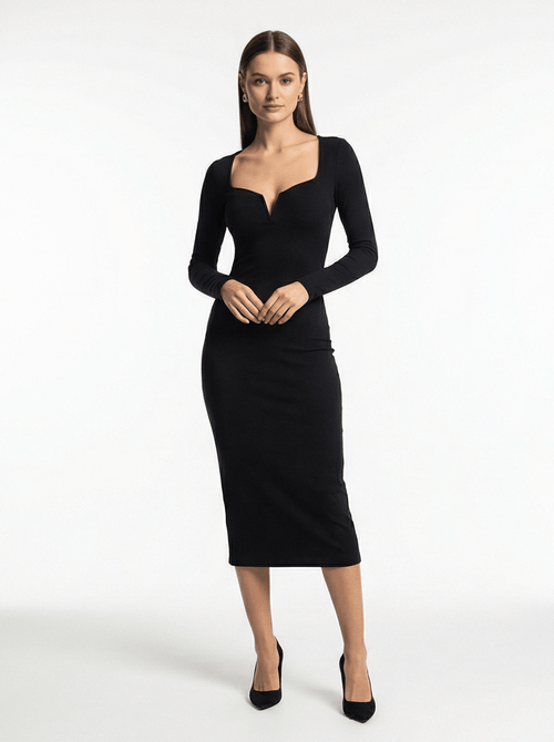 Black Long Sleeve Midi Dress – Elegant Bodycon with Sweetheart Neckline - Styeenigma