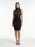 Black dress with lace detailing on a white background