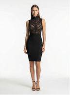 Black dress with lace detailing on a white background