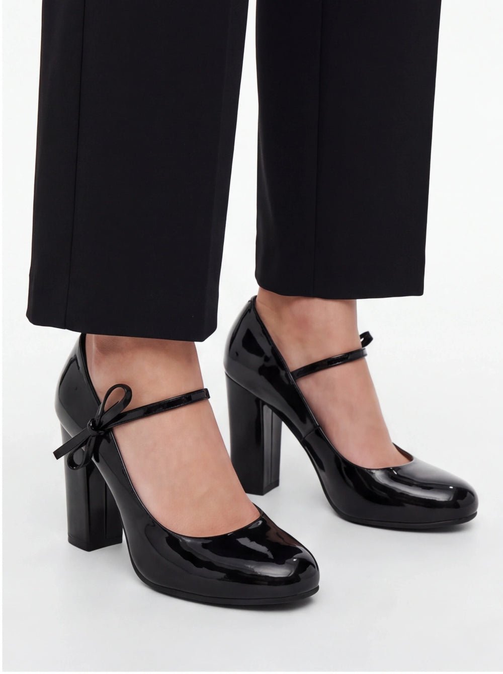 Women's Black Patent Leather Mary Jane Heels – Chunky Block Heel Pumps with Bow Ankle Strap - Styeenigma