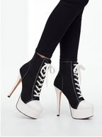 Women’s Black White Platform Stiletto High Heel Sneaker Boots Lace Up Ankle Booties - Styeenigma