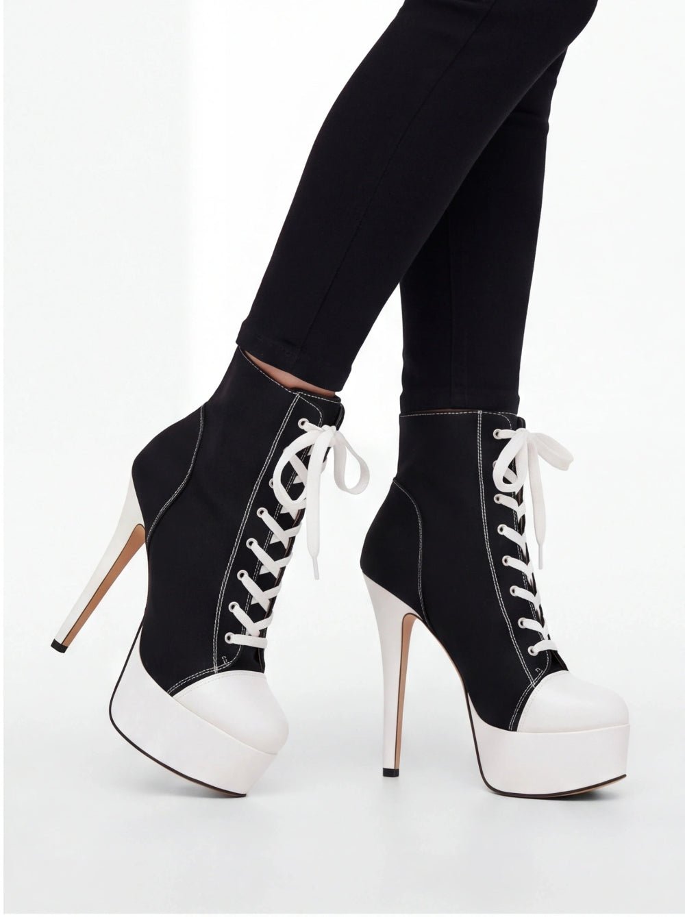Women’s Black White Platform Stiletto High Heel Sneaker Boots Lace Up Ankle Booties - Styeenigma
