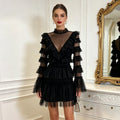 Black Tulle Ruffle Mini Dress Women's Tiered Sheer Mesh Long Sleeve