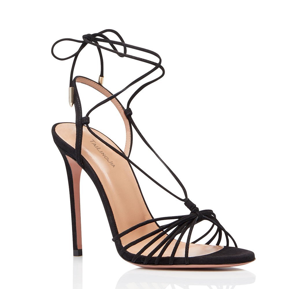 Black Suede Lace Up Stiletto Sandals Strappy Square Toe Elegant Heels - Styeenigma