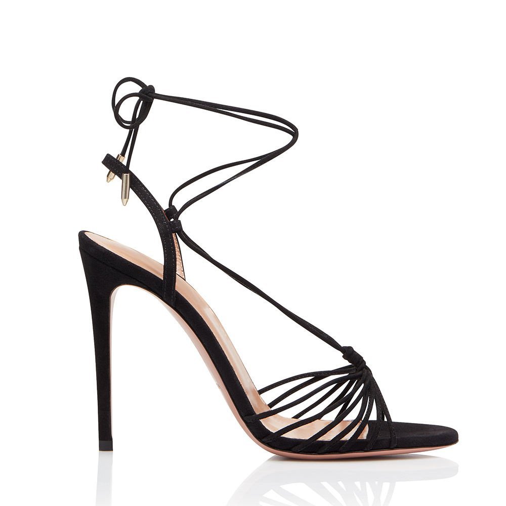 Black Suede Lace Up Stiletto Sandals Strappy Square Toe Elegant Heels - Styeenigma