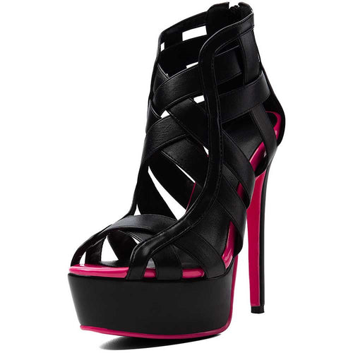Black Hot Pink Platform Heels Women's Braided Gladiator Stiletto Sandals - Styeenigma